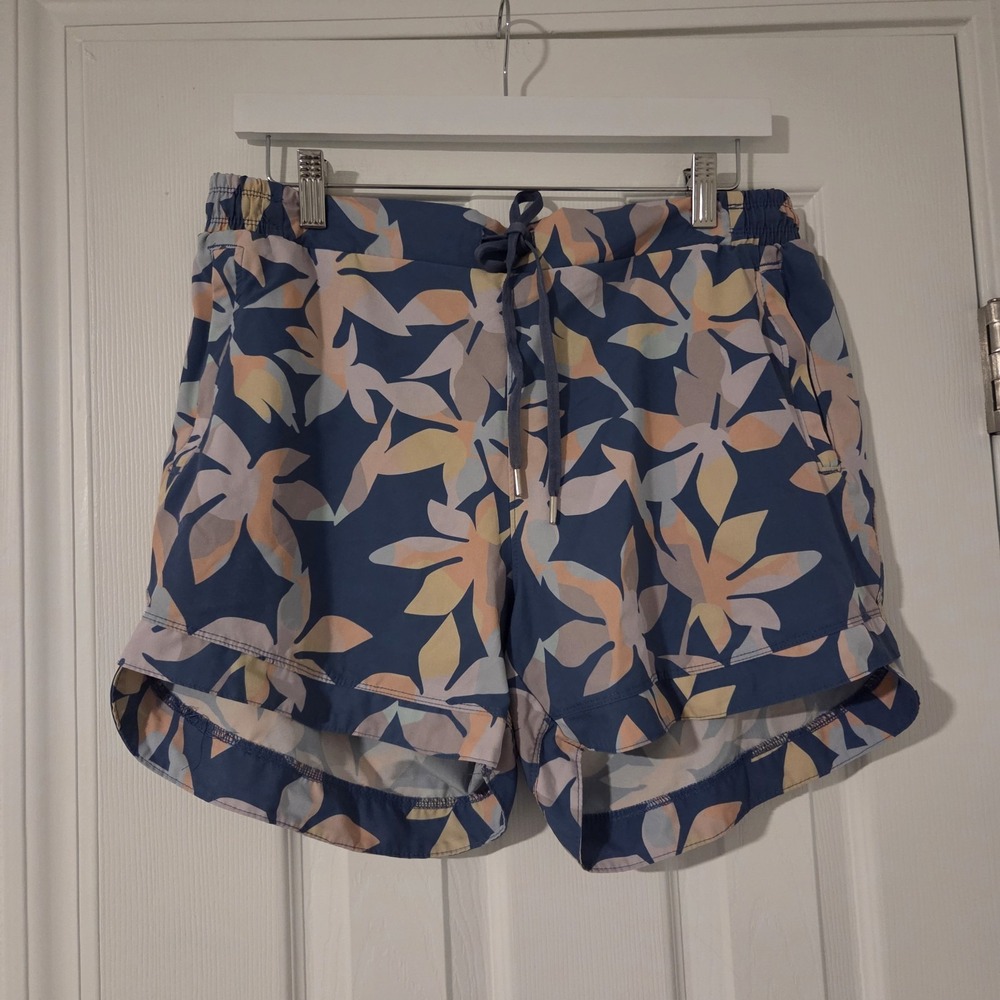 Mountain and Isles Womens Shorts L Blue Tropical Floral Casual Pull On Elastic